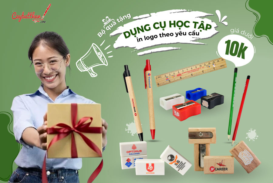 dụng cụ học tập in logo làm quà tặng học sinh cho trường học, trung tâm